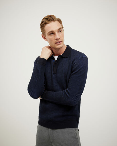 Two-Toned Long Sleeve Knit Polo, Navy, hi-res